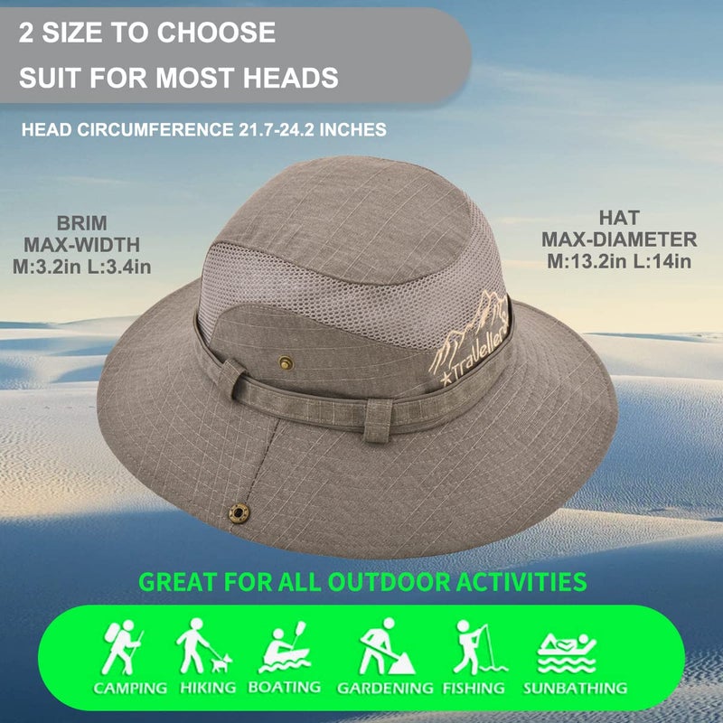 KeepSa Sun Hat for Men, Cotton Embroidery Summer Outdoor Sun Protection Wide Brim Bucket Hat Foldable Safari Boonie Hat Khaki - Image 4